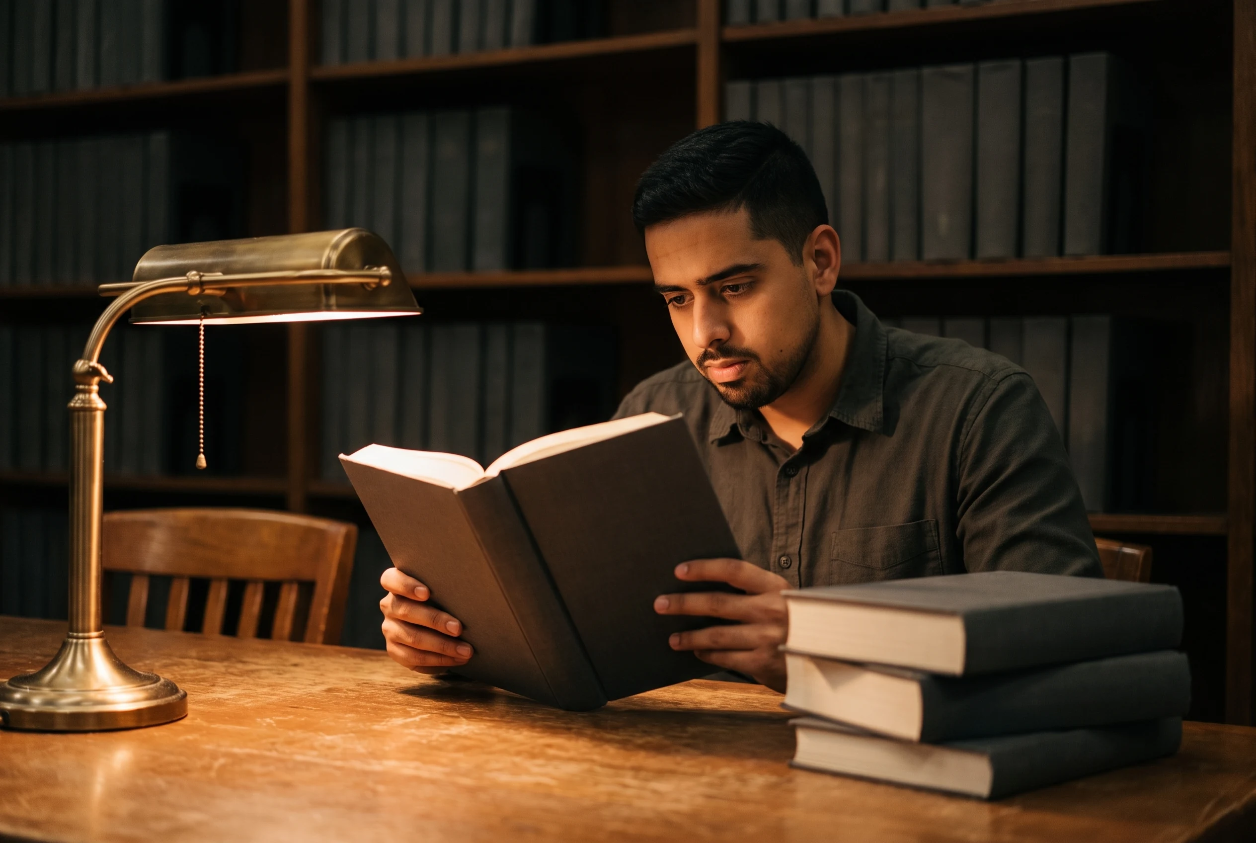 Mark reading late at night in a university library, warm lamp light