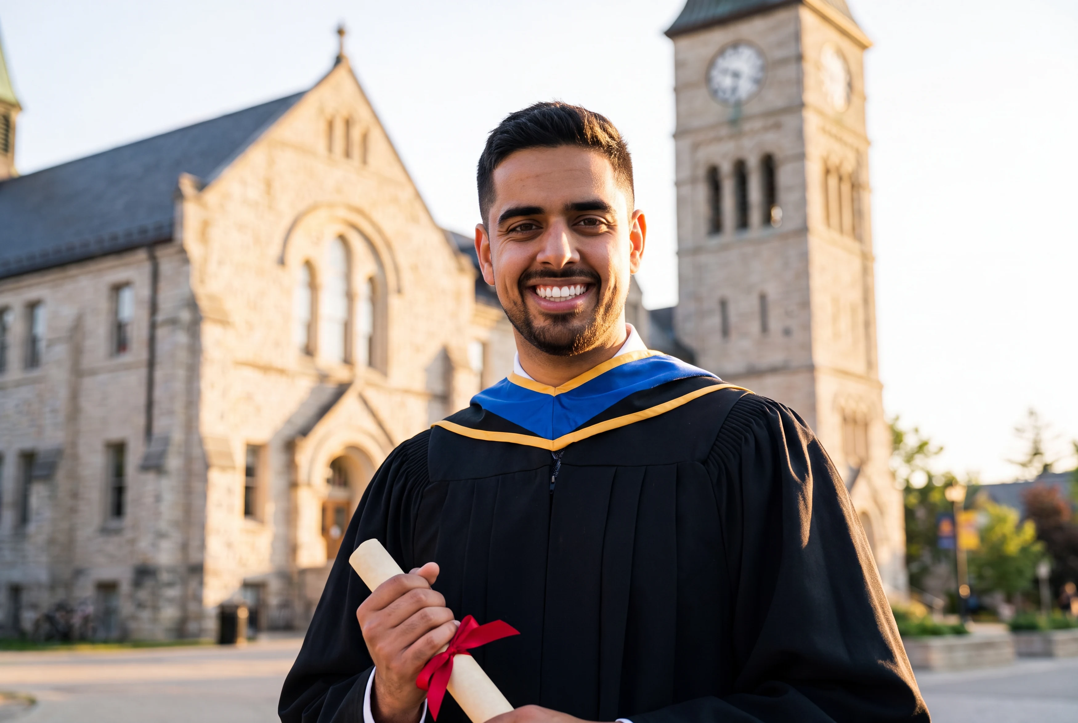 Mark in a graduation gown holding his MMAI diploma in front of Queen's University limestone