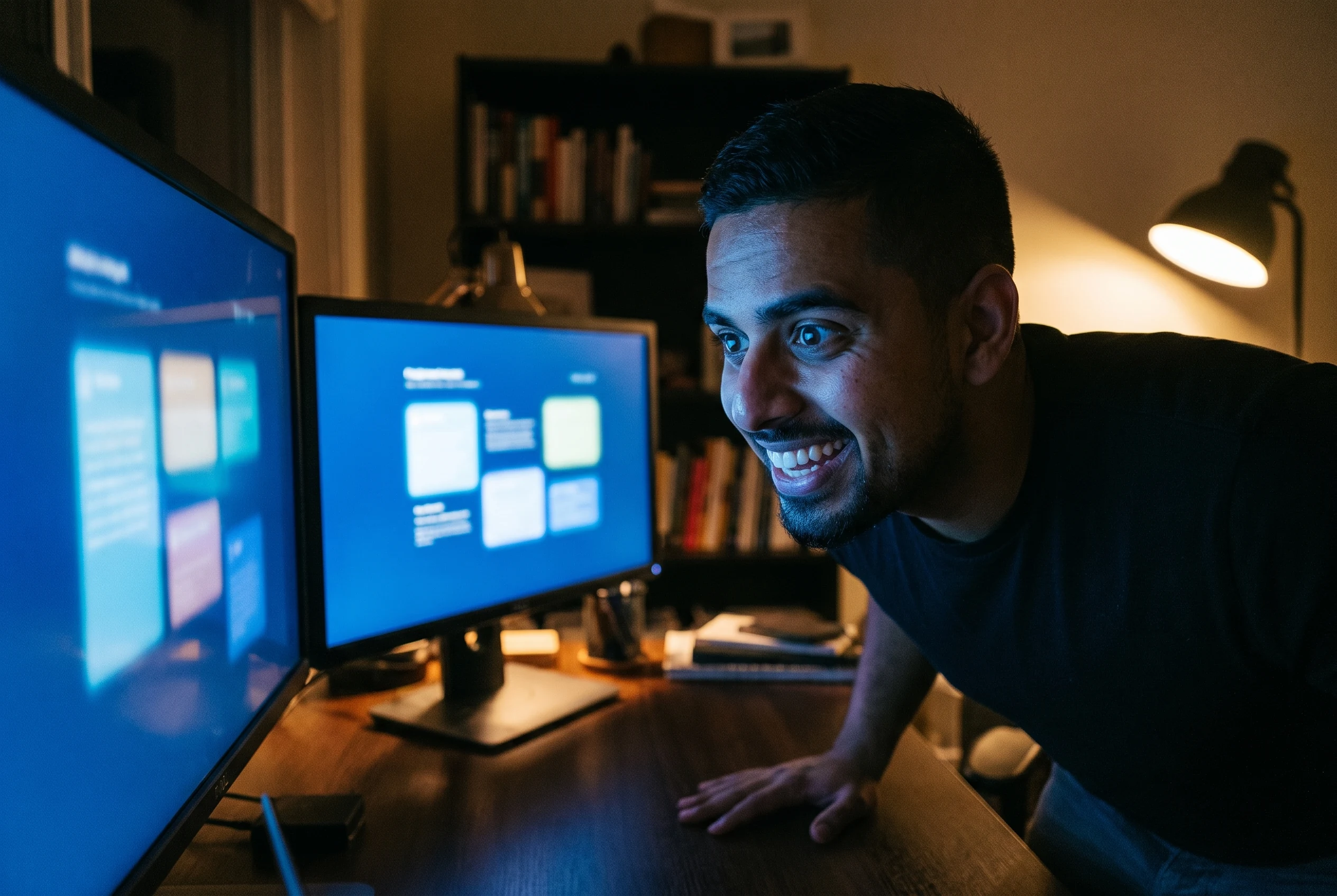 Mark grinning at glowing monitors in a dark home office, late 2022