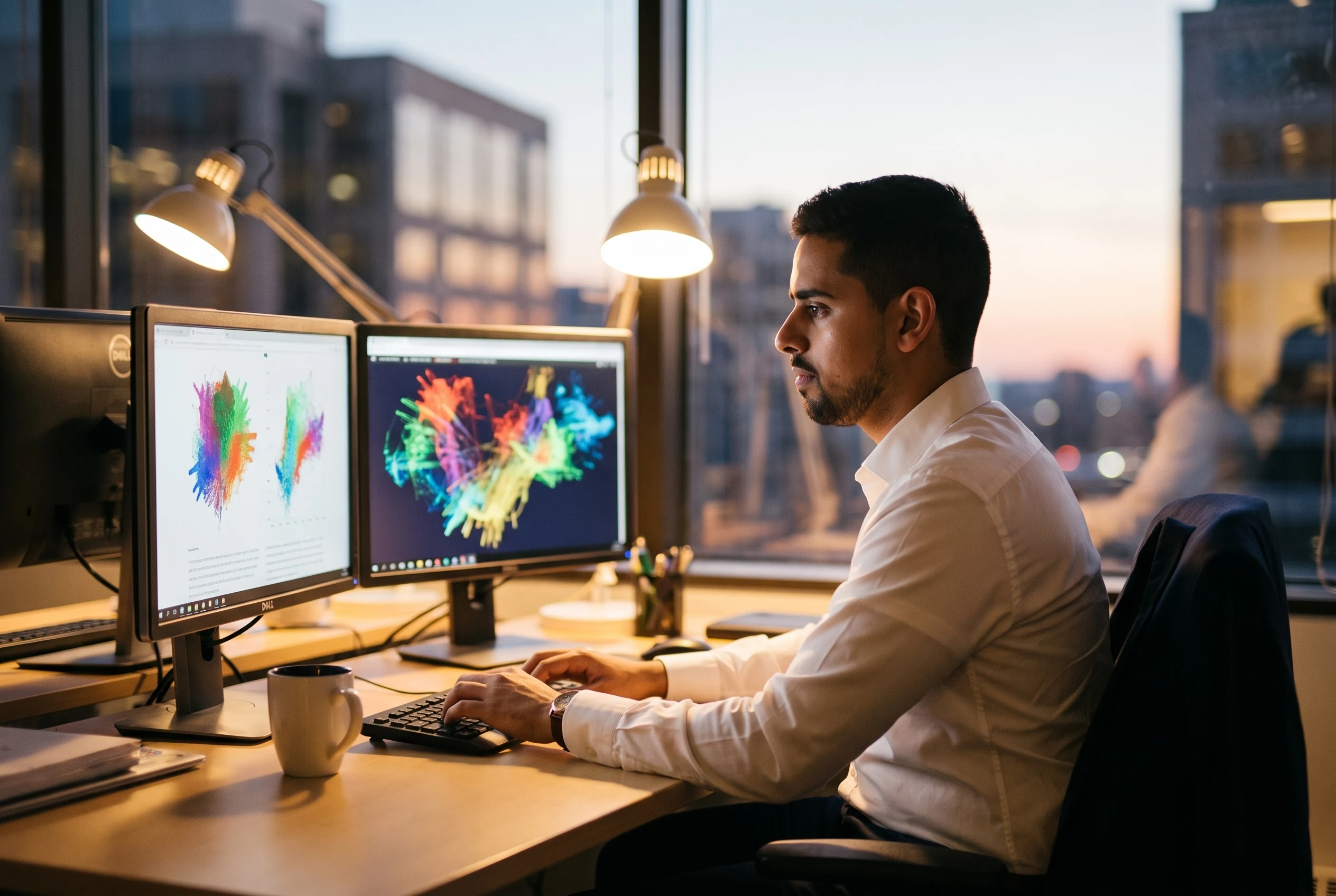 A young Mark at an office desk at dusk, studying dashboards on two monitors
