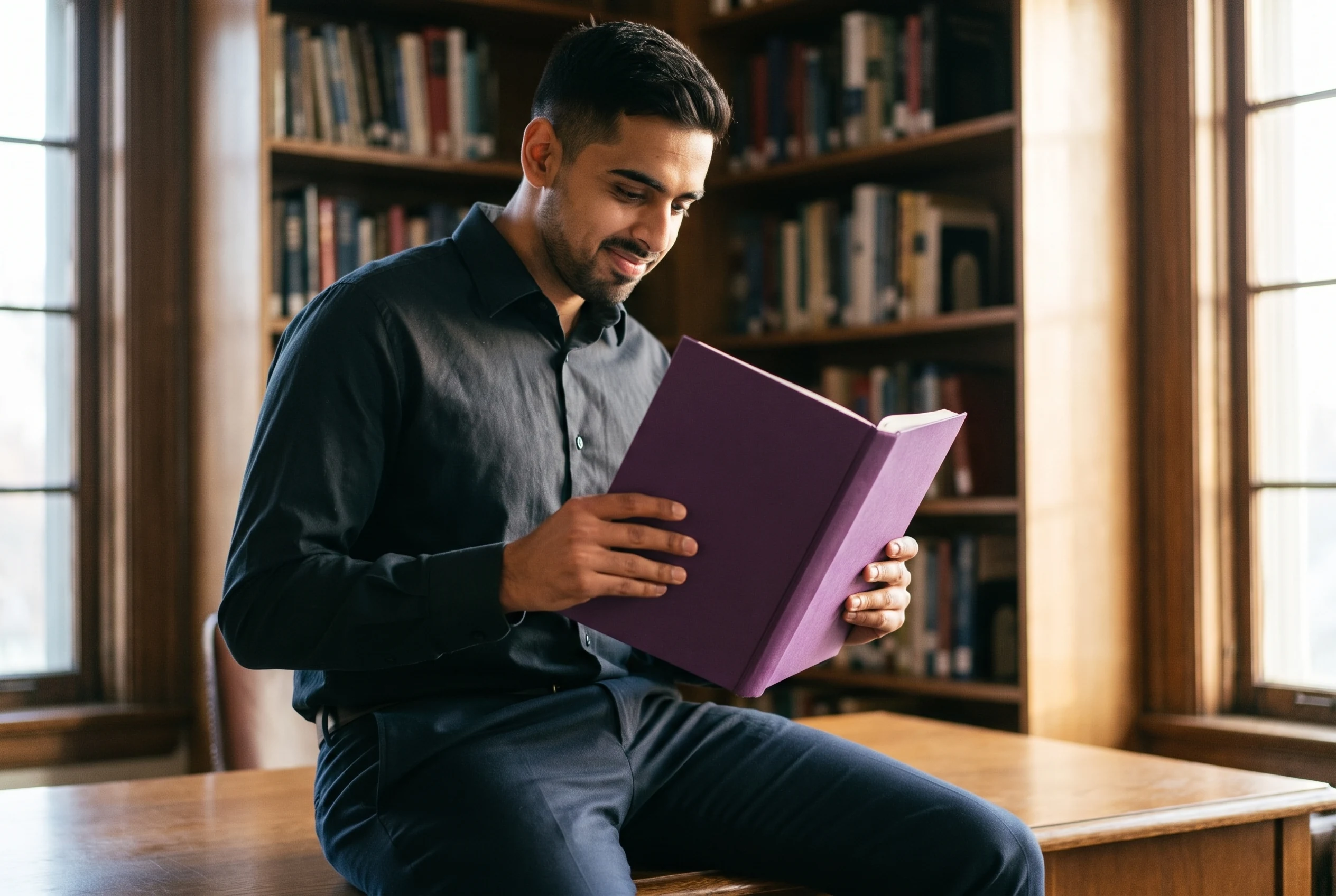 Mark seated on a desk edge holding a plain plum hardcover book in a warm study