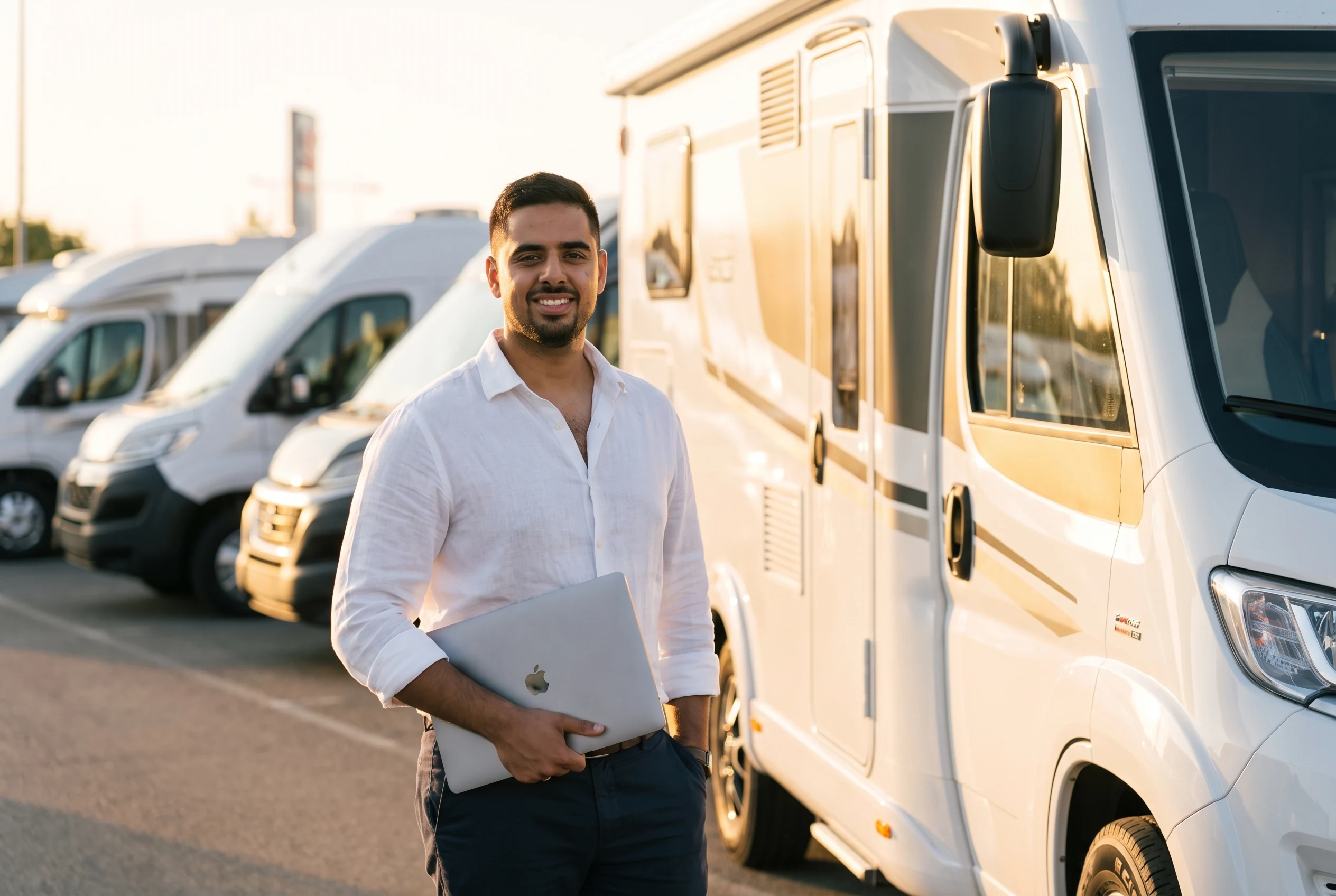 Mark holding a laptop in front of a row of RV motorhomes at golden hour
